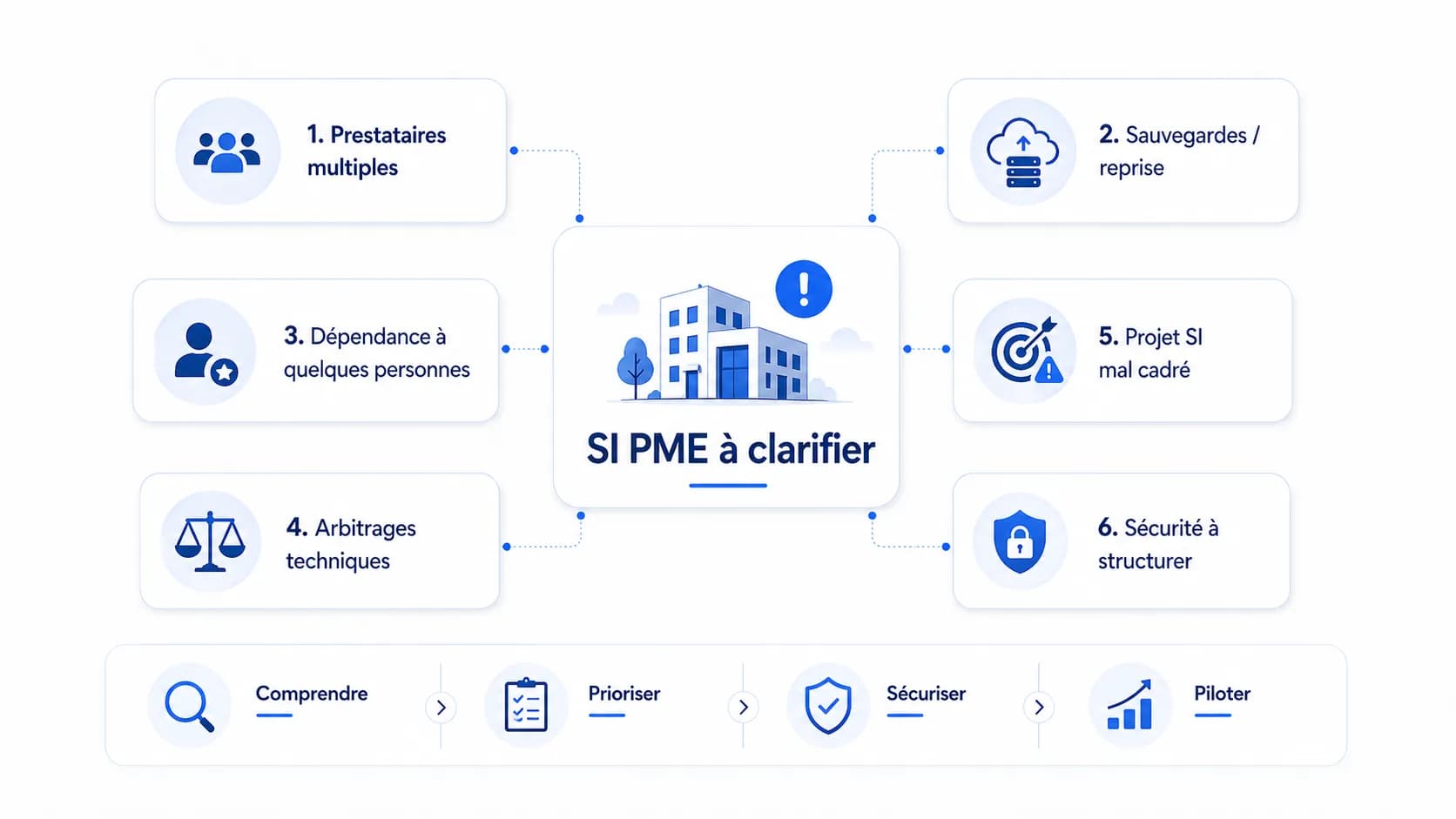 Schéma des signaux d’alerte d’un SI PME à clarifier : prestataires multiples, sauvegardes, dépendance à quelques personnes, arbitrages techniques, projet SI mal cadré et sécurité à structurer