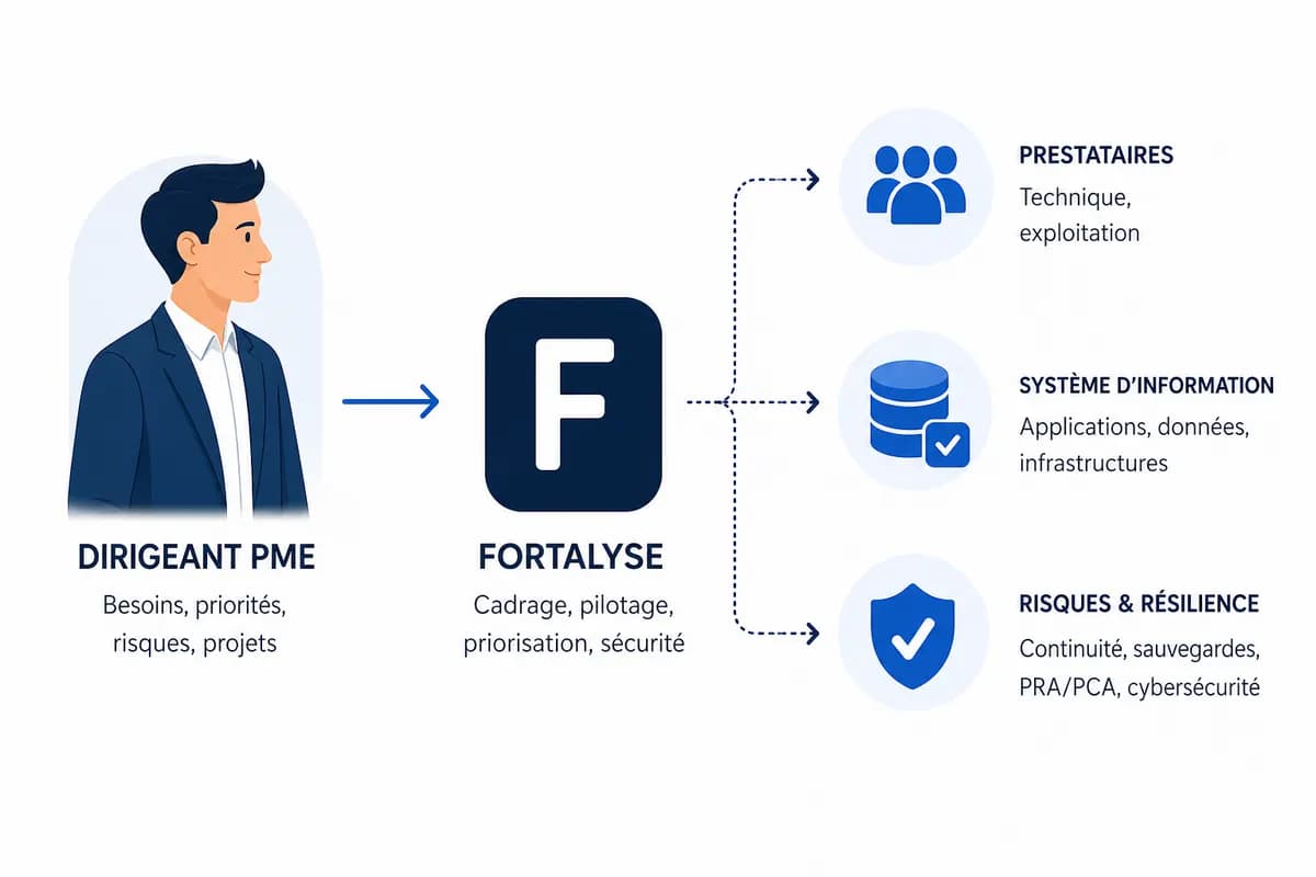 Schéma expliquant le rôle de Fortalyse entre le dirigeant de PME, les prestataires, le système d’information et les risques
